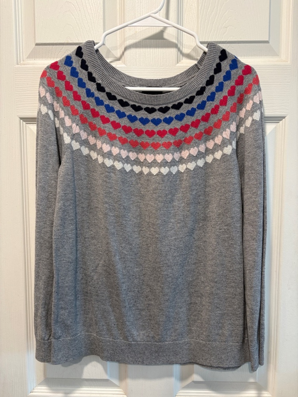 Talbots Gray Crewneck Sweater with Multicolor Heart Yoke